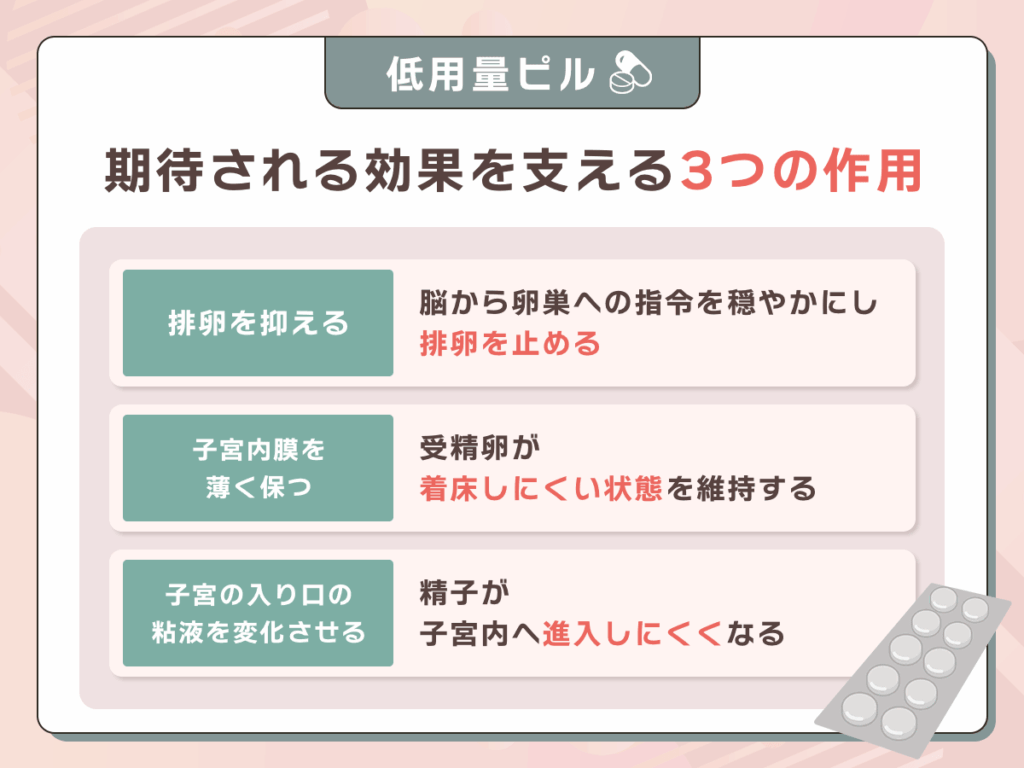 低用量ピルの期待される効果を支える3つの作用